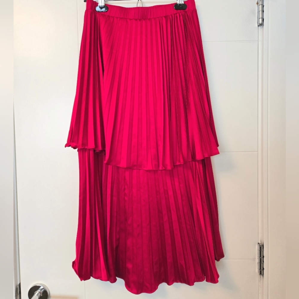Red Pleated Satin Skirt
